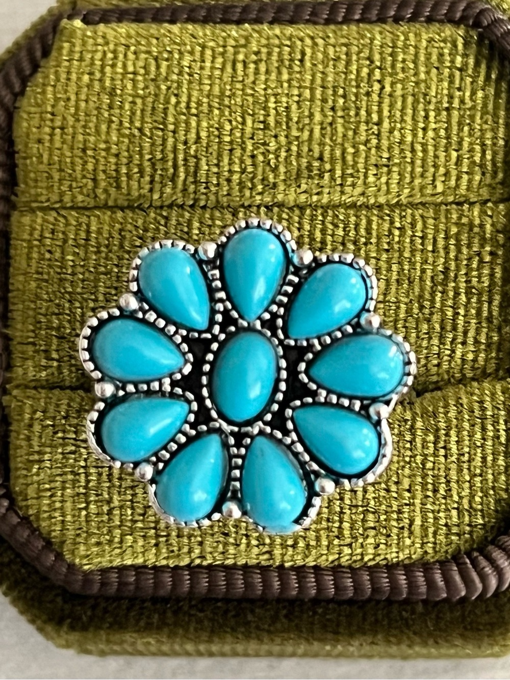 Boho/Chic Blue Turquoise Flower Design Stainless Steel Silver Statement Ring S 9